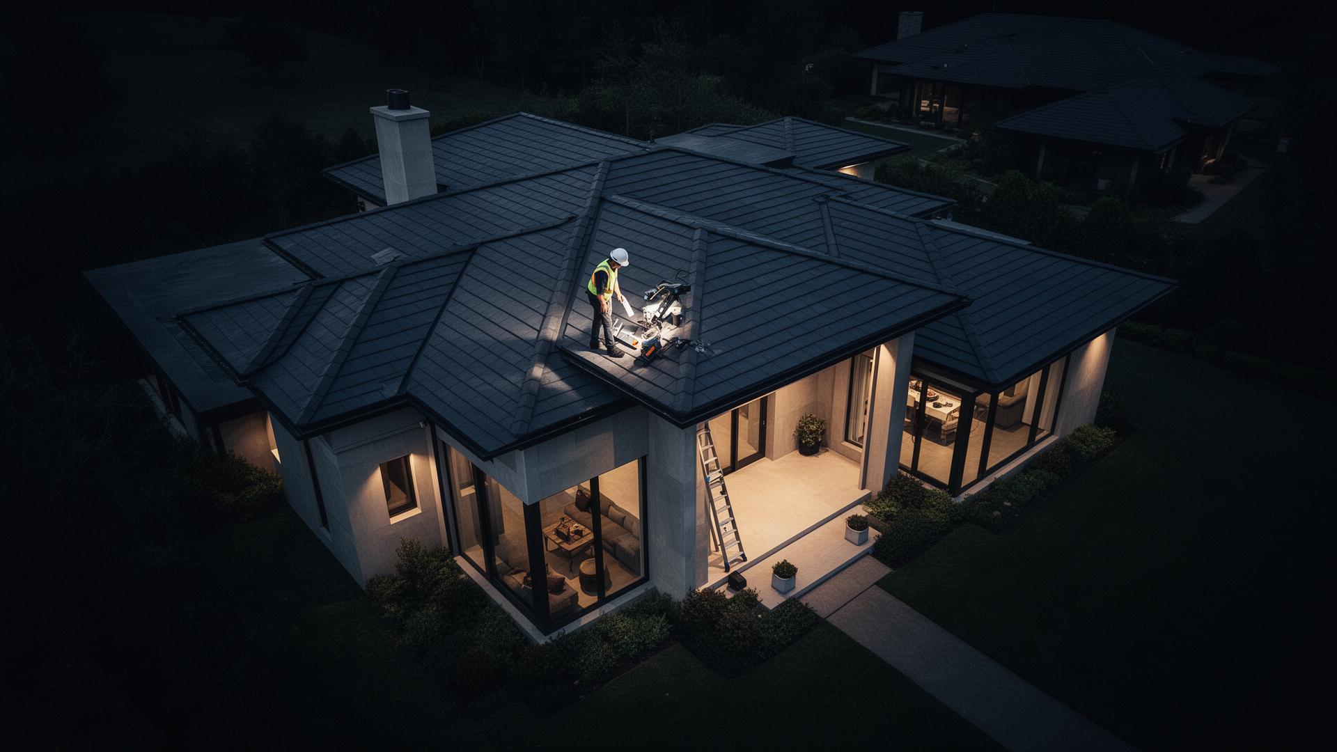 Aerial view of a luxury home with a roof inspector